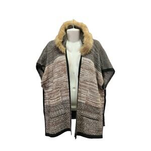 Janice Women's Tan/Black Open Front Faux Fur Collar Poncho Sweater | One Size